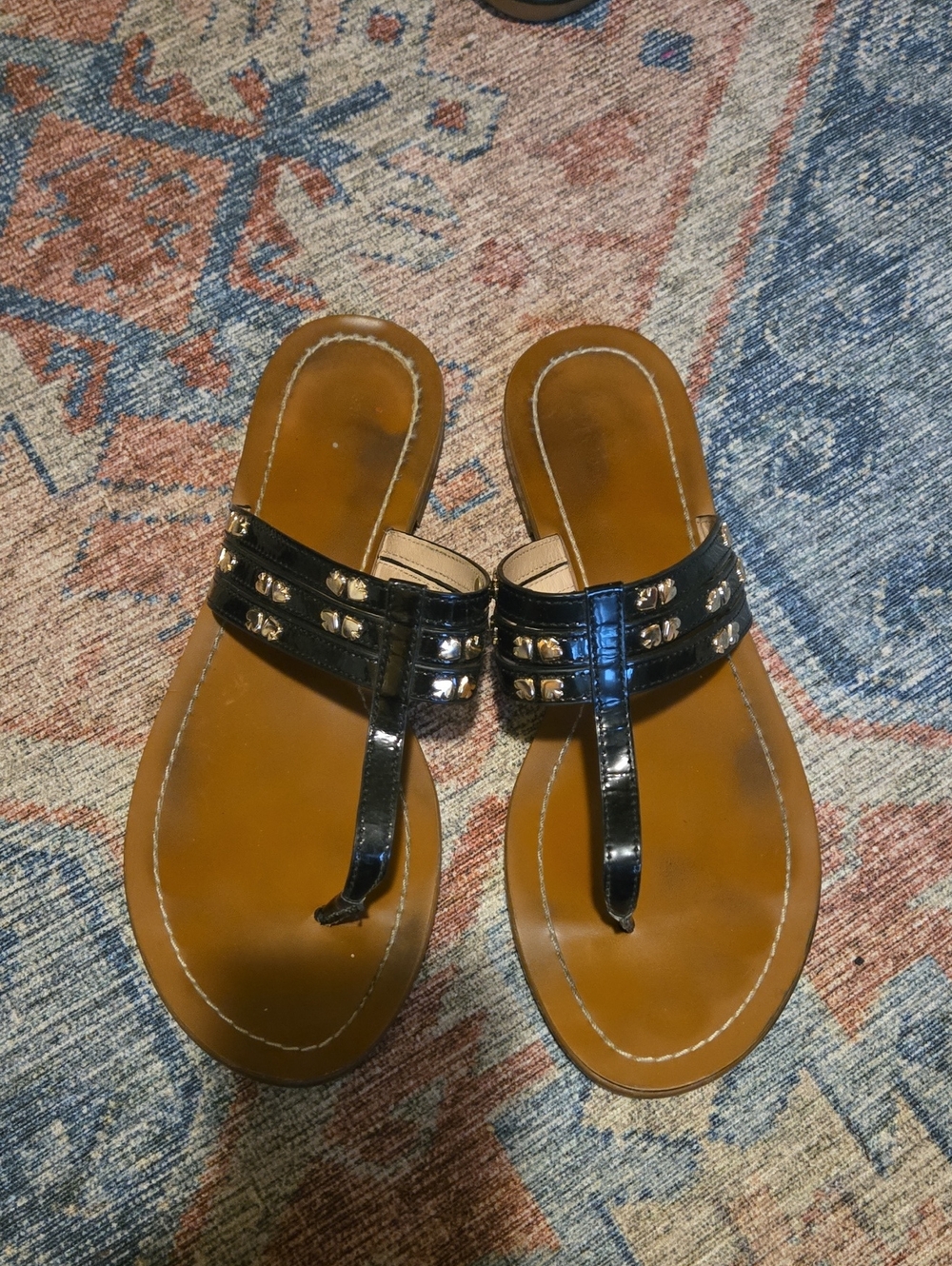 Black Patent T-Strap Women's Sandals with Stud Accents
